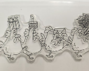 Happy Birthday Marching Chickens rubber stamp - Clear UN mounted