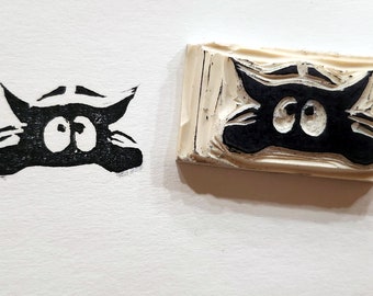 Ugly stamp- Cat peeking -   Hand carved stamp