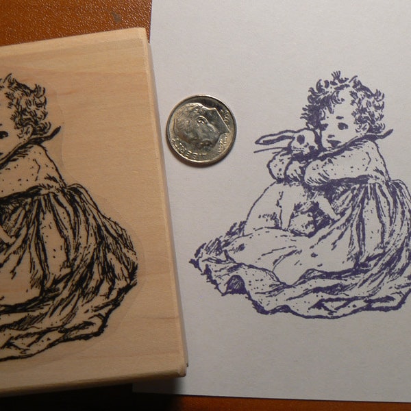 P15 Little girl loves bunny victorian style rubber stamp