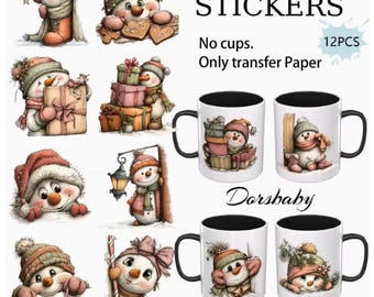 One sheet of 12 adorable snowman dtf uv stickers