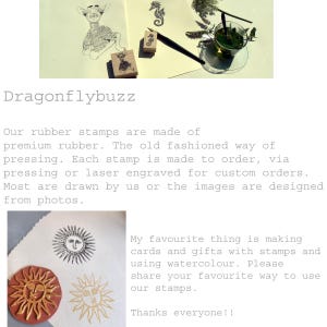 May include: A close-up of three rubber stamps featuring sun designs. The stamps are made of premium rubber and are available in a variety of colors. The text "Dragonflybuzz" is visible at the top of the image.