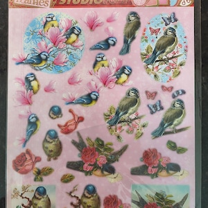 Pájaros vintage con rosas: arte 3D de corte de papel, papel para hacer tarjetas de felicitación