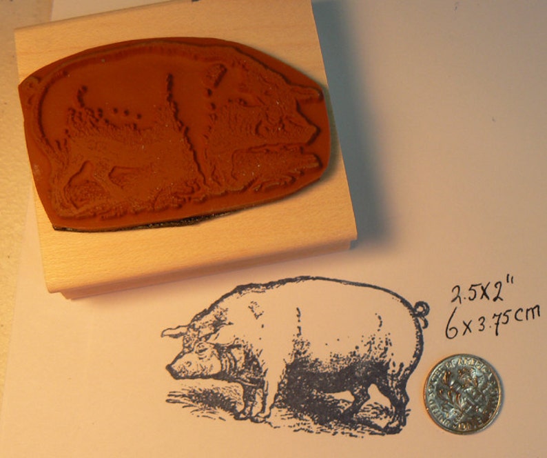 Pig rubber stamp, vintage style wood mounted P10 image 2