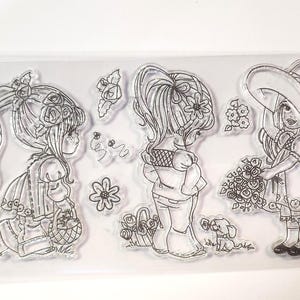 花を持つ女の子のクリアゴムスタンプ