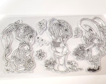 Girls with flowers clear rubber stamps