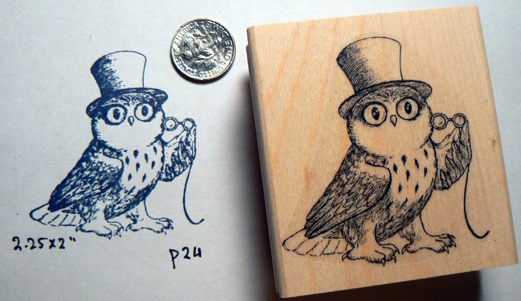 Owl with top hat rubber stamp P27, hand drawn