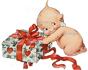 Kewpie with Christmas present -  digital download png, jpg