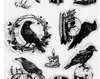 Crows with skull, Pumpkin- Clear Rubber Stamp- Un Mounted