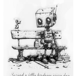 Robot avec oisillon sur un banc, tampon en caoutchouc transparent.