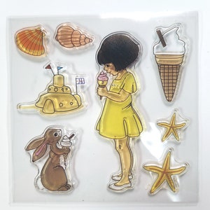 Girl with bunny and beach themed items -Clear rubber Stamps