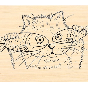 P121 Gato jugando al escondite con un pez - Sello de goma grande