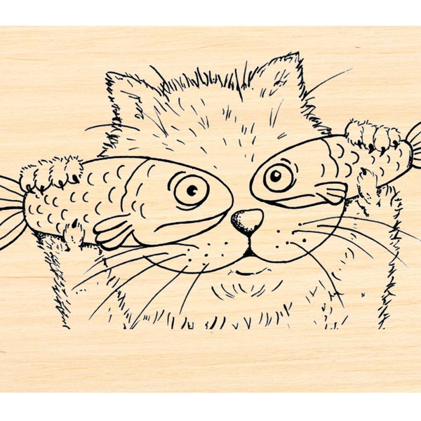 P121 Cat playing peekaboo with fish rubber stamp- Large