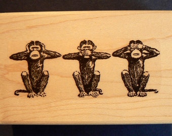 3 monkeys hear,see,speak no evil rubber stamp WM P6