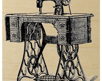 May include: A vintage black and white illustration of a sewing machine on a table with a decorative base.