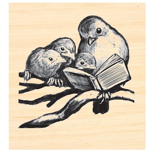 P141 Reading time- Bird reading to babies rubber stamp