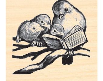 P141 Reading time- Bird reading to babies rubber stamp