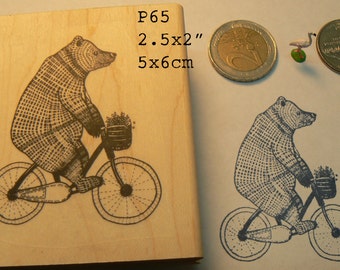 P65 Biking bear rubber stamp, hand drawn