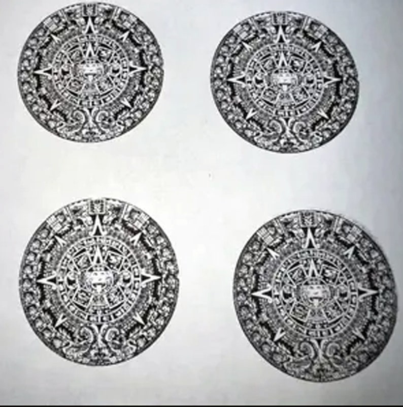 May include: Four black and white circular designs of the Aztec calendar, also known as the Sun Stone, on a white background.