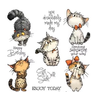 Könnte beinhalten: Eine Sammlung von Cartoon-Katzen-Illustrationen in verschiedenen Posen. Die Katzen sind in Grautönen, Orange und Braun gehalten, mit Texten wie "Happy Birthday", "You absolutely made my day", "Sending sunshine your way", "Get well soon" und "Enjoy today".