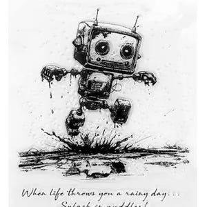 以下が含まれることがあります： 水たまりで水しぶきを上げているロボットの白黒イラスト。ロボットは、2つの大きな目とアンテナが付いた箱型の頭をしています。テキストには「人生が雨の日を投げかけてきたら…水たまりで遊ぼう！」と書かれています。