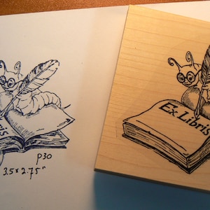 Sello de goma Bookworm Ex Libris dibujado a mano P30
