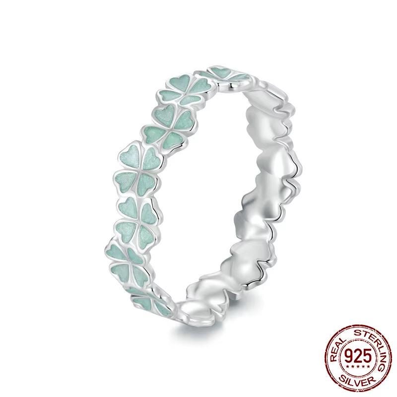 Real 925 Sterling Silver Women Green Four-Leaf Clover Ring Wedding Party Creative Leaf Rings Birthday Jewelry Gift
