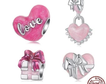 Pink Love Heart Charm Bow-knot Pearl Pendant Gift Box Bead, Fits Pandora Bracelet, Valentine day Gift, 925 Sterling Silver, Gift for Her