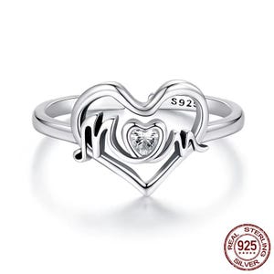 Anillo abierto de plata de ley 925 con forma de corazón y letra de mamá para mujer, con circonitas AAA brillantes, apilables, joyería para el Día de la Madre, regalo familiar.