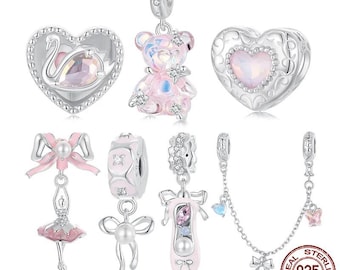Princess Pink Bear Bead Ballet Girl Charm Shoe Bow Pendant Fit Pandora Bracelet Neckalce, 925 Sterling Silver, Gift For Her, Valentines Gift