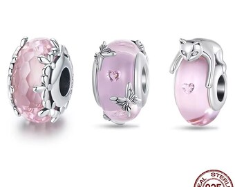 Lovely Pink Murano Glass Beads Butterfly Flower Cat Charms, Fits Pandora Bracelet, 925 Sterling Silver, Gift for Her