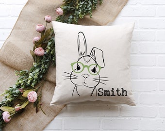 Personalized Bunny Pillow Cover, Custom Bunny Pillow Cover, Bunny With Glasses, Custom Spring Pillow Cover, Easter Pillow, Rabbit Pillow