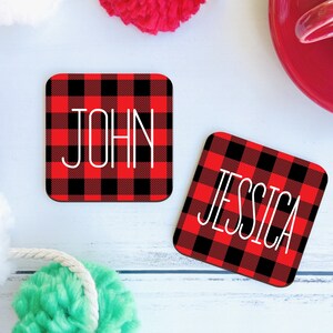 Custom Christmas Coaster, Personalized Buffalo Plaid Coaster, Holiday Drink Coaster, Christmas Decoration, Table Decor, Personalized Gift