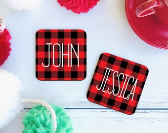 Custom Christmas Coaster, Personalized Buffalo Plaid Coaster, Holiday Drink Coaster, Christmas Decoration, Table Decor, Personalized Gift