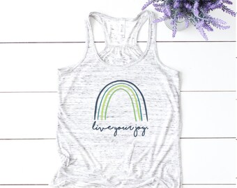 Live Your Joy Rainbow Racerback Tank, Joy Shirt, Rainbow Tank, Quote Tee, Inspirational Tank, Live Joy, Handwritten Font, Blue Green Rainbow