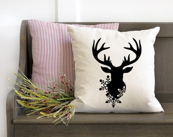 Deer Snowflake Pillow Cover, Christmas Pillow Cover, Winter Pillow, Reindeer Pillow Cover, Holiday Accent Pillow, Throw Pillow