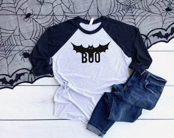 Adult Halloween BOO Bat Shirt, Unisex Boo Raglan, Halloween Bat Shirt, Boo Baseball Tee, Halloween Shirt, Long Sleeve Halloween Shirt