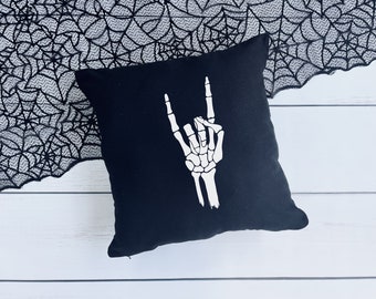 Skeleton Hand Pillow Cover, Black Halloween Pillow, Rock On Halloween Pillow Cover, Decorative Halloween Pillow, Skeleton Pillow Cover