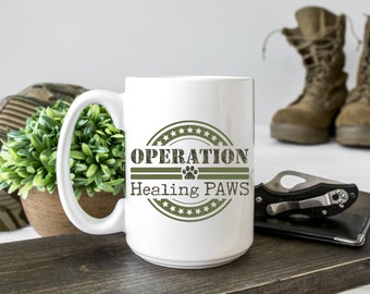 Operation Healing PAWS Ceramic Coffee Mug / Personalized Coffee Cup / Service Dog Support / Veteran Support Mug / Military Mug / Camo Mug