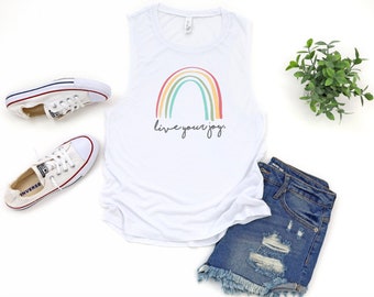 Live Your Joy Rainbow Tank, Muscle Tank, Joy Shirt, Rainbow Shirt, Quote Tee, Happy Tee, Inspirational Tank, Live Joy, Handwritten Font