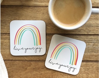 Live Your Joy Rainbow Coaster, Drink Coaster, Desk Coaster, Housewarming Gift, Graduation Gift, Square Coaster, Hand Doodled Design