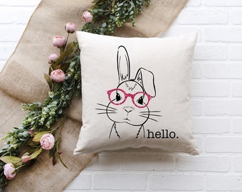 Custom Bunny Pillow Cover, Custom Spring Pillow Cover, Easter Pillow, Hello Pillow Cover, Rabbit Pillow Cover, Bunny With Glasses Pillow