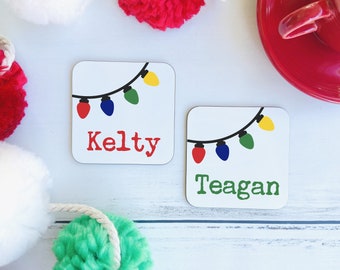 Custom Christmas Coaster, Personalized Christmas Lights & Name Coaster, Holiday Drink Coaster, Table Decoration, Personalized Gift, Under 20