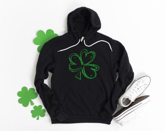 Shamrock Sweatshirt, Clover Hoodie, St. Patrick's Day Hoodie, Doodle Shamrock Hoodie, Glitter Shamrock, Luck Sweatshirt, Black Hoodie