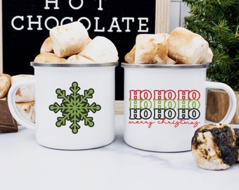 Retro Ho Ho Ho Christmas Mug, Merry Christmas Mug, Snowflake Mug, Christmas Cup, Christmas Coffee Cup, Christmas Hot Cocoa Mug, Enamel Mug