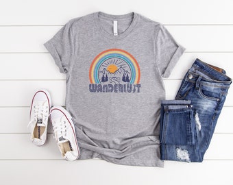 WANDERLUST Unisex Tee // Wanderlust Mountain Shirt // Adventure Travel Shirt // Explore, Rainbow, Mountains, Trees, Sunrise, River Shirt