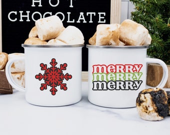 Retro MERRY Christmas Mug, Merry Mug, Snowflake Mug, Christmas Cup, Christmas Coffee Cup, Christmas Hot Chocolate Mug, Enamel Mug, Camp Mug