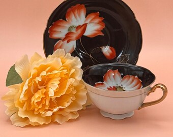 Vintage MCM 1950s Hand Painted Ocean China Black Orange Gold Floral Teacup & Saucer Made in Occupied Japan