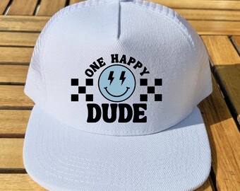 One Happy Dude First Birthday Hat, checkered birthday hat, one happy dude hat, rad one hat, light blue smiley face hat, blue smiley face hat