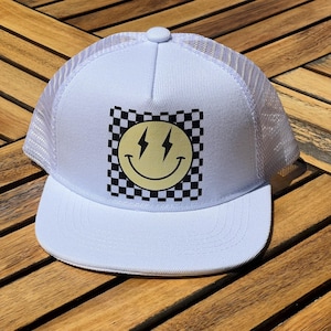 Retro smiley, One Happy Dude, checkered  Hat, checkered birthday, one happy, rad one, smiley, young wild & three