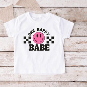 One happy babe , pink smiley face birthday shirt, happy babe shirt, girl smiley face birthday shirt